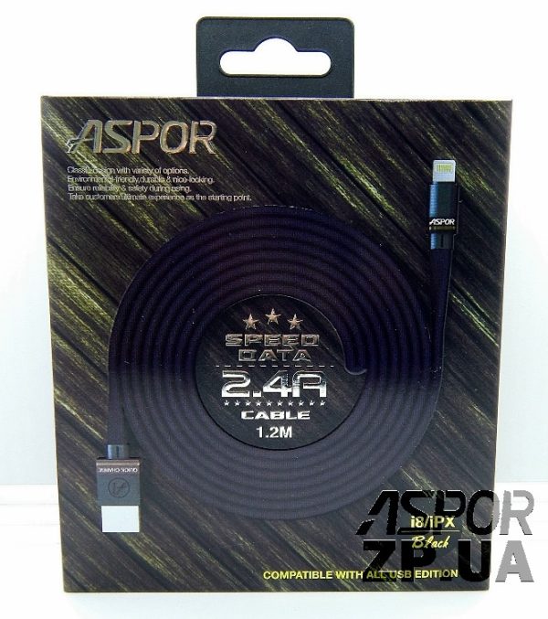 USB кабель Aspor A136 Lightning Плоский Nylon 2.4A/1.2м- чорний