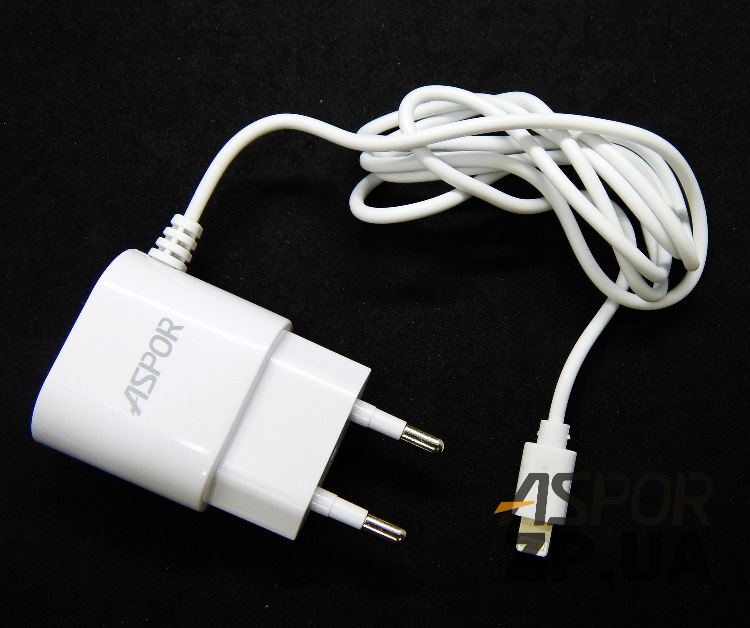Мережевий зарядний пристрій Aspor A802 (1USB/1A) LED + USB кабель Lightning- білий — изображение 5
