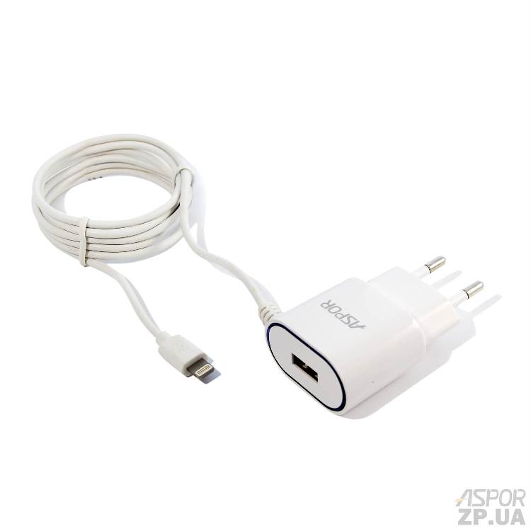 Мережевий зарядний пристрій Aspor A802 (1USB/1A) LED + USB кабель Lightning- білий — изображение 7