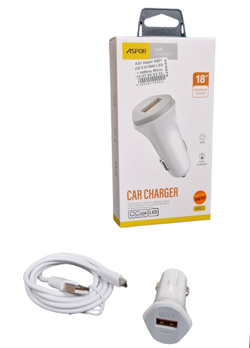 Автомобільний зарядний пристрій Aspor A901 (QC3.0/18W) LED + USB кабель Micro- білий — изображение 2