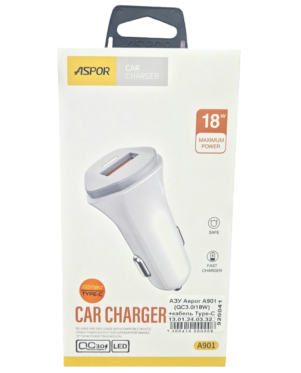 Автомобільний зарядний пристрій Aspor A901 (QC3.0/18W) LED + USB кабель Type-C- білий — изображение 2