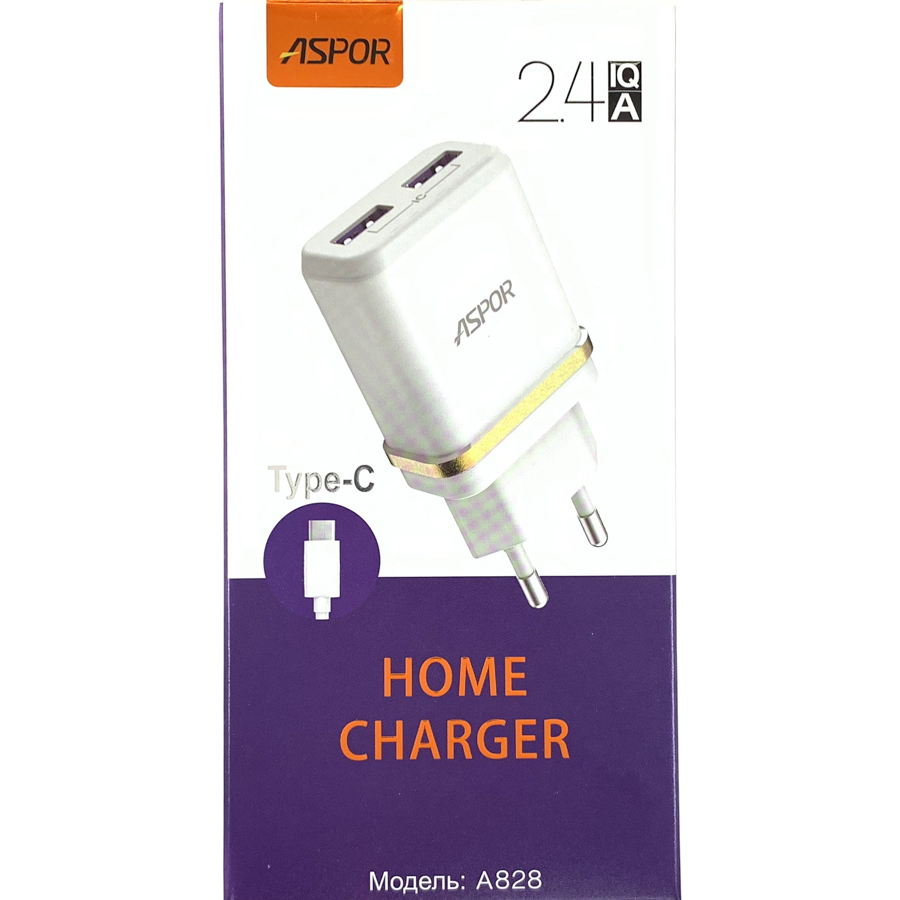 Мережевий зарядний пристрій Aspor A828 Econom пак (2USB/2.4A) + USB кабель Type-C- білий
