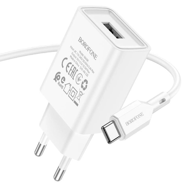 Мережевий зарядний пристрій BOROFONE BA68A (1USB/2.1A) + USB кабель Micro- білий — изображение 2