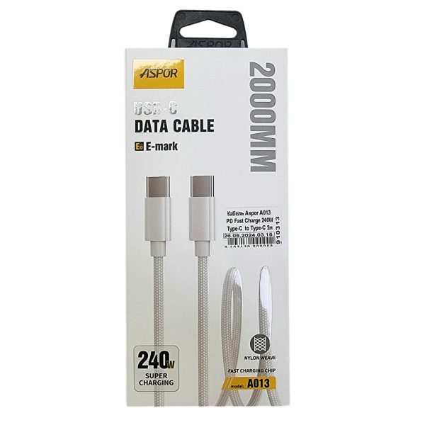 USB-C кабель Aspor A013 PD Fast Charge Type-C to Type-C 240W 2м- білий