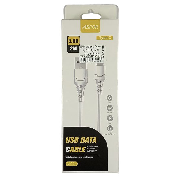 USB кабель Aspor A102L Type-C Fast Charge 3A/2м- білий
