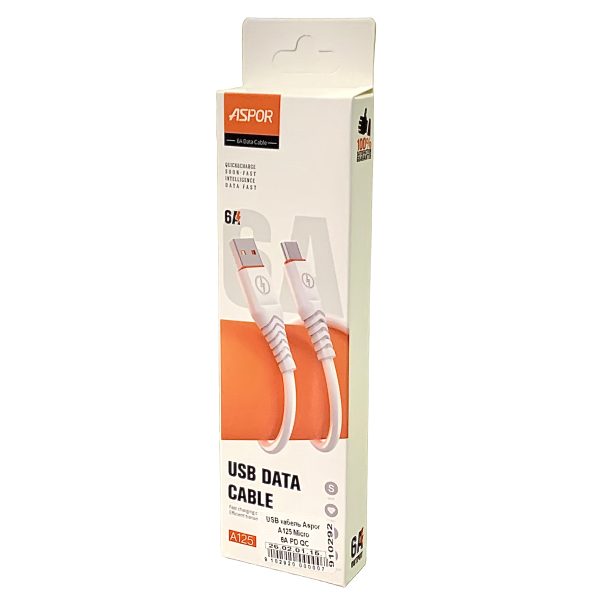 USB кабель Aspor A125 Micro 6A PD QC (Quick / Fast Charge)- білий