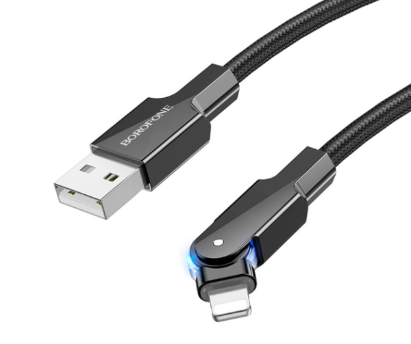 USB кабель Borofone BU41 Kelly 2.4A (поворотний 360` / LED indicator) Lightning 1.2m- чорний